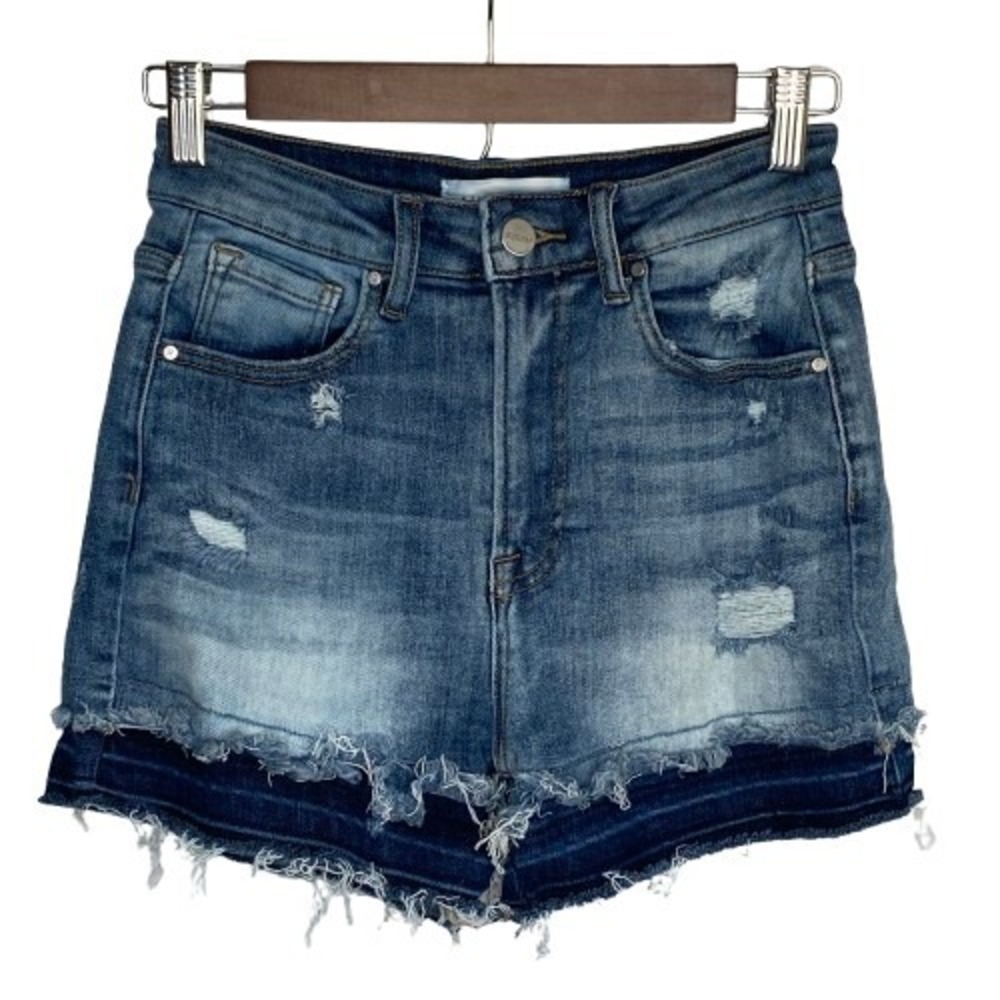 Risen Womens High Rise Cutoff Denim Jean Shorts Size S Distressed Layered Look